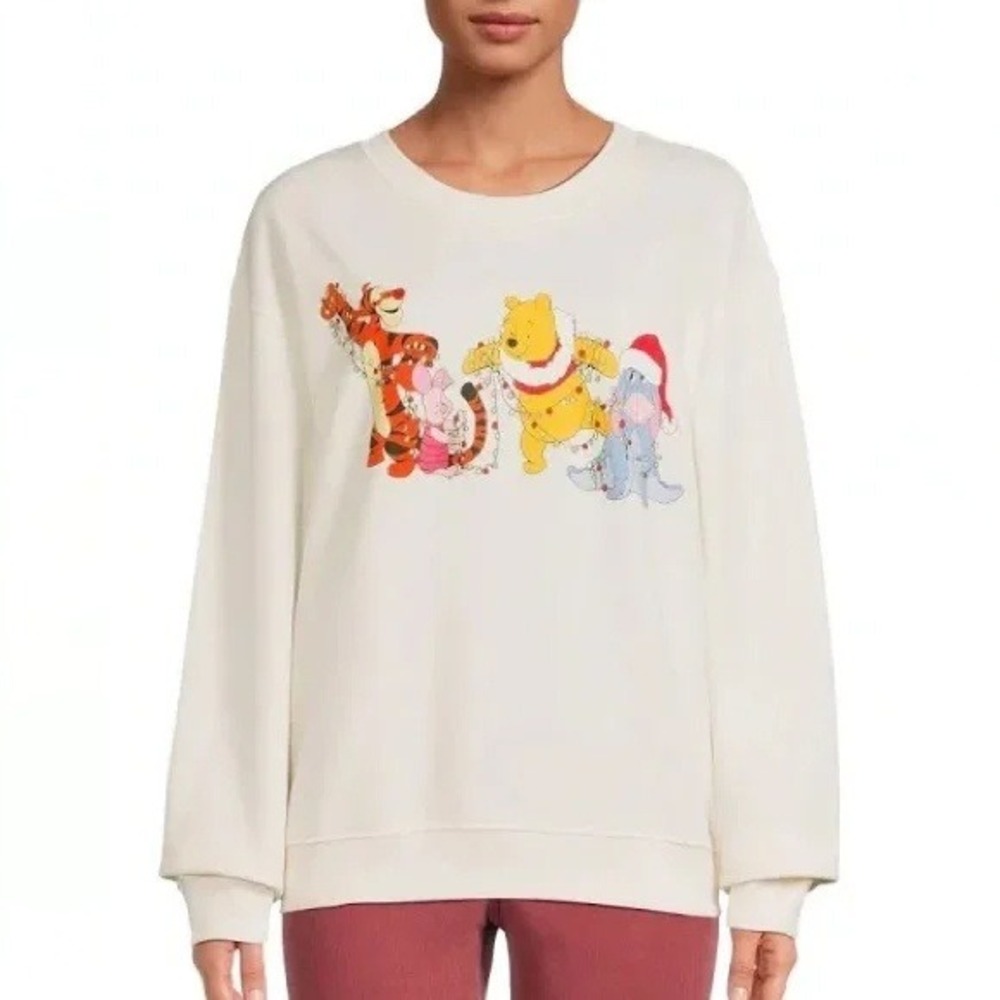Disney Winnie the Pooh Christmas Sweatshirt Cream Tigger Eeyore XL 15-17 Holiday